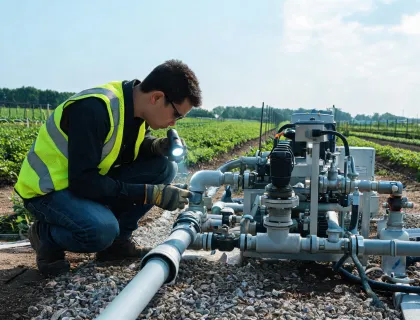 Illustrative installer reviewing pipe connections