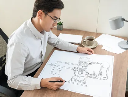 Illustrative technical reviewer reading a dosing pump diagram
