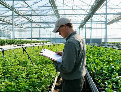Illustrative grower checking irrigation notes