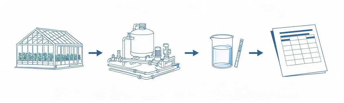 Illustrated flow from water requirements to a factory quotation and farm delivery