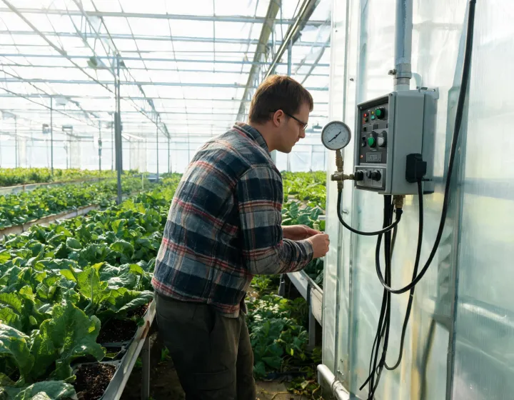 Grower reviewing irrigation readings beside a control panel