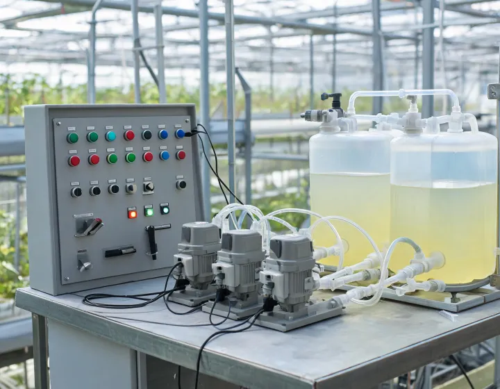 Fertigation controller with sensors and nutrient tanks in a greenhouse